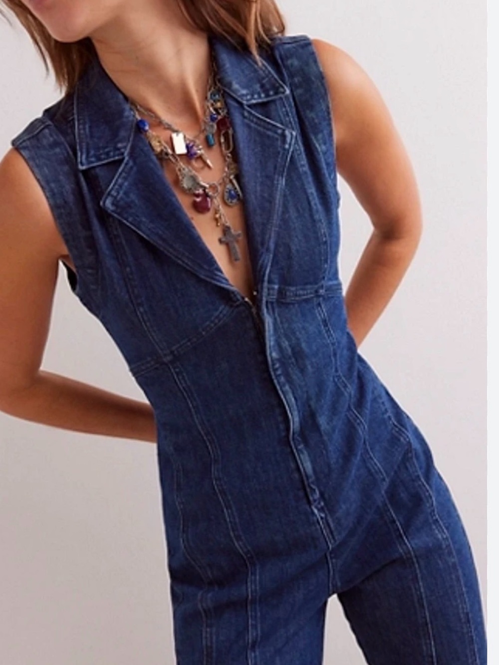Free People Indigo Denim Sleeveless Zip-Front Jumpsuit